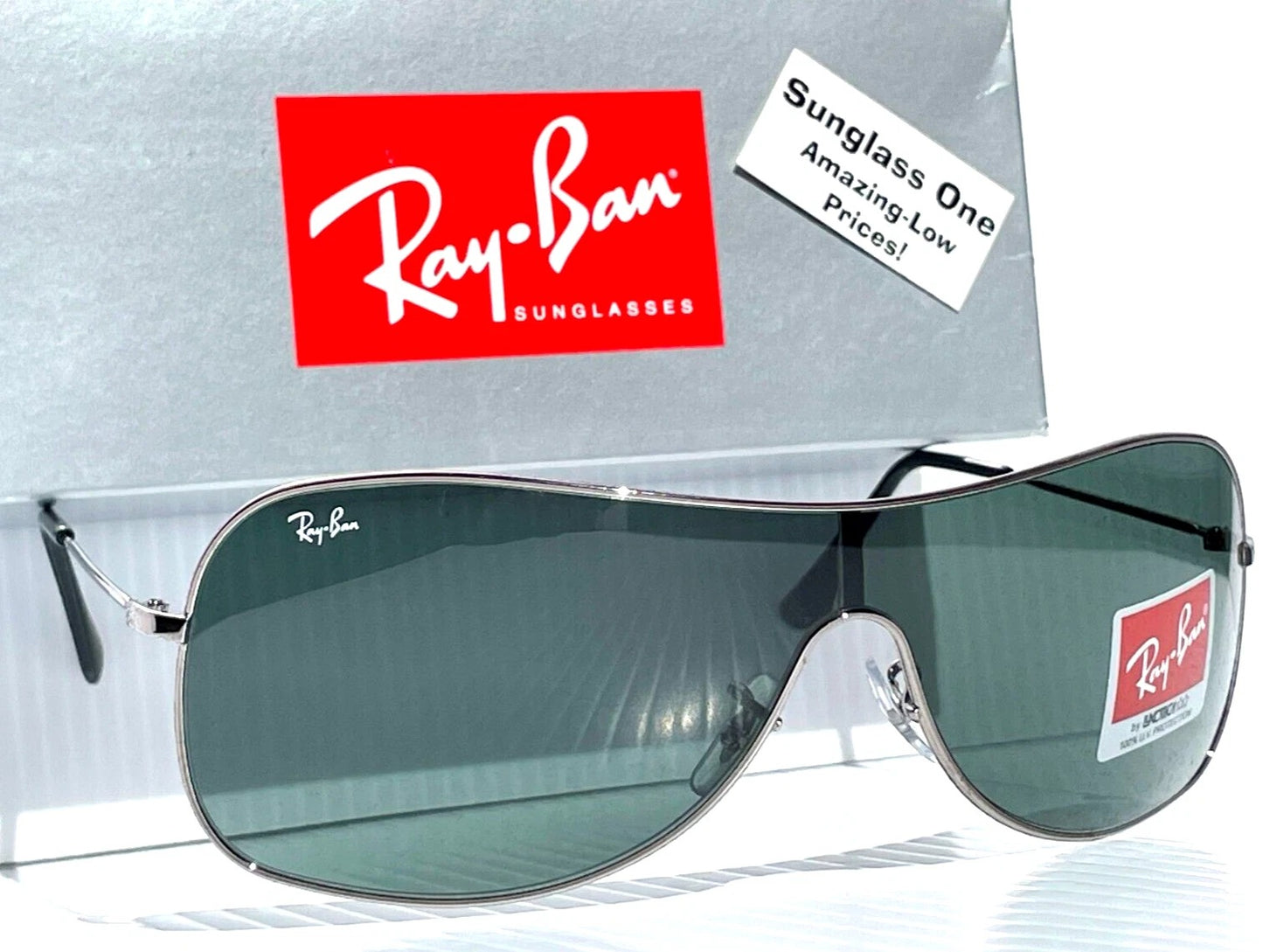 Ray Ban HIGHSTREET Chrome Metal Shield Frame Green Lens Sunglass RB 3211 004/71