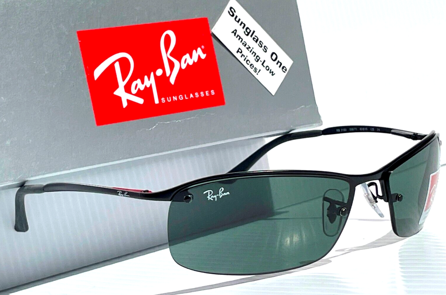 Ray Ban Polished Black Semi-Rimless Frames Dark Green Lens Sunglass RB 3183 006/71