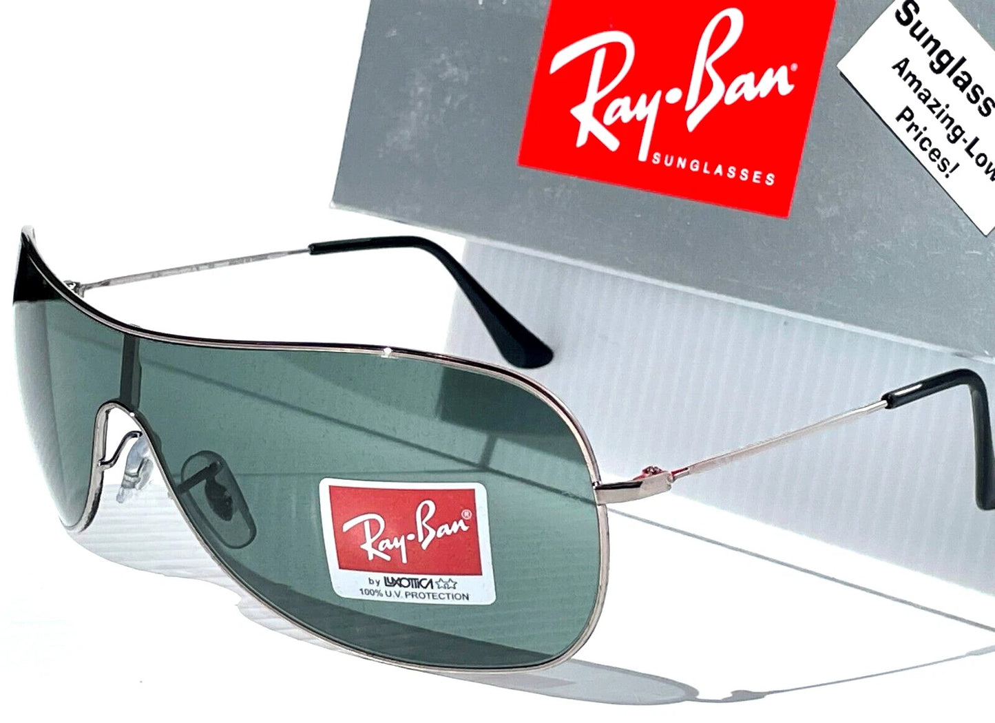 Ray Ban HIGHSTREET Chrome Metal Shield Frame Green Lens Sunglass RB 3211 004/71