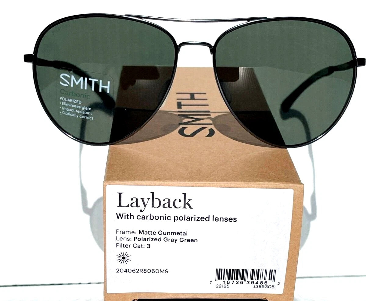 Smith Optics LAYBACK Matte Gunmetal Frame Carbonic POLARIZED Grey Green Lens Sunglass R80