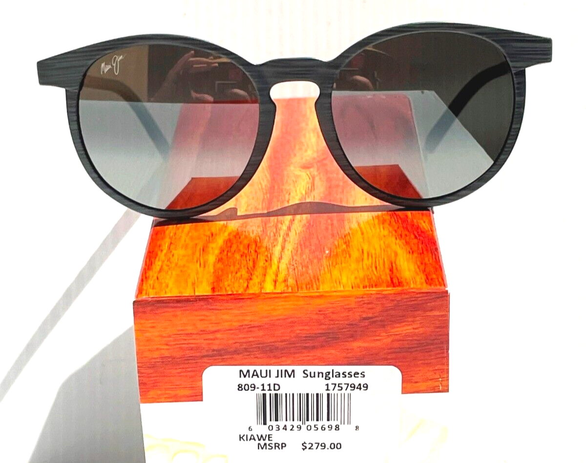 Maui Jim KIAWE Grey Woodgrain Stripe POLARIZED Grey GLASS Sunglass 809-11D