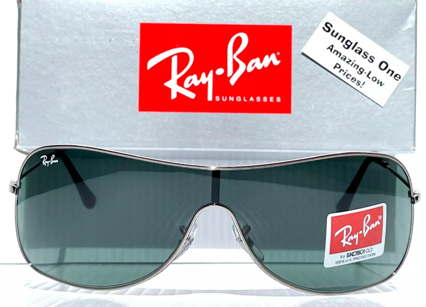 Ray Ban HIGHSTREET Chrome Metal Shield Frame Green Lens Sunglass RB 3211 004/71