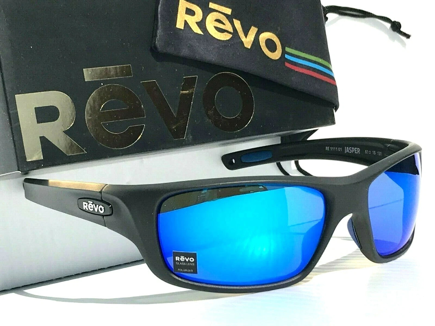 REVO JASPER Black Matte POLARIZED Blue GLASS Lens Sunglasses RE 1111 01 H2O