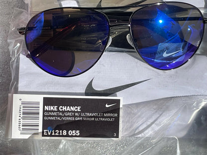 NIKE Chance Gunmetal Chrome Aviator Frame Blue Mirrored Lens Sunglass EV1218 055