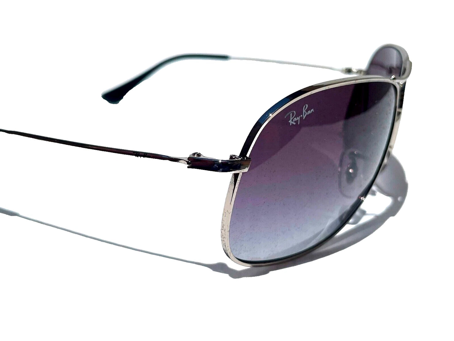 Ray Ban Shiny Silver Pilot GRADIENT Grey To Blue Lens Sunglass RB3267 003/8G