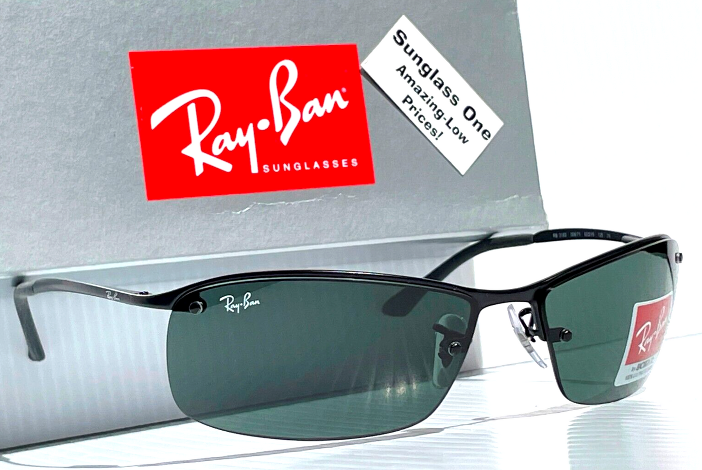 Ray Ban Polished Black Semi-Rimless Frames Dark Green Lens Sunglass RB 3183 006/71