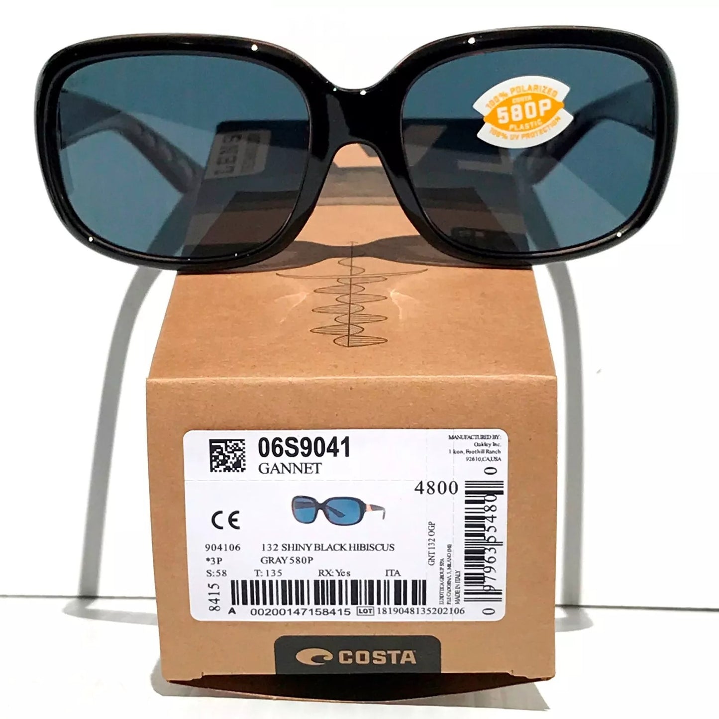 Costa Del Mar GANNET Shiny Black Hibiscus POLARIZED Gray 580P Lens Sunglass GNT 132