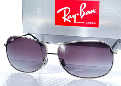 Ray Ban Shiny Silver Pilot GRADIENT Grey To Blue Lens Sunglass RB3267 003/8G