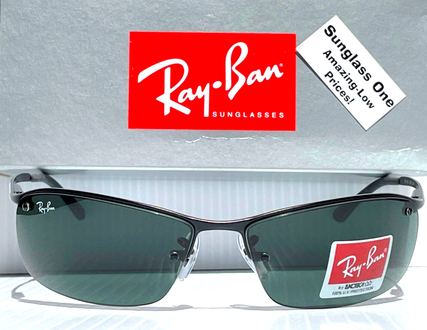 Ray Ban Polished Black Semi-Rimless Frames Dark Green Lens Sunglass RB 3183 006/71