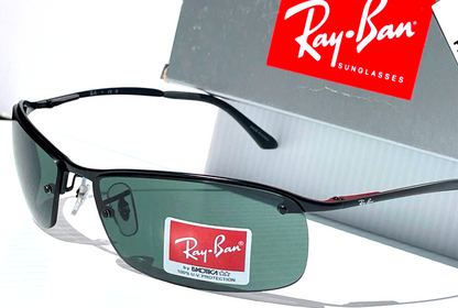 Ray Ban Polished Black Semi-Rimless Frames Dark Green Lens Sunglass RB 3183 006/71