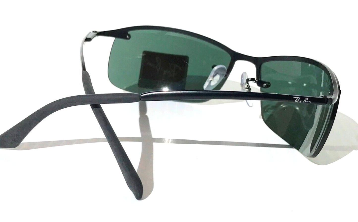 Ray Ban Polished Black Semi-Rimless Frames Dark Green Lens Sunglass RB 3183 006/71