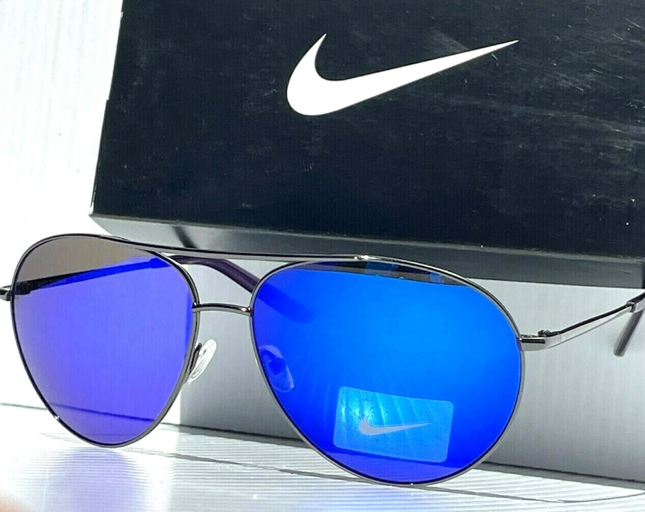 NIKE Chance Gunmetal Chrome Aviator Frame Blue Mirrored Lens Sunglass EV1218 055