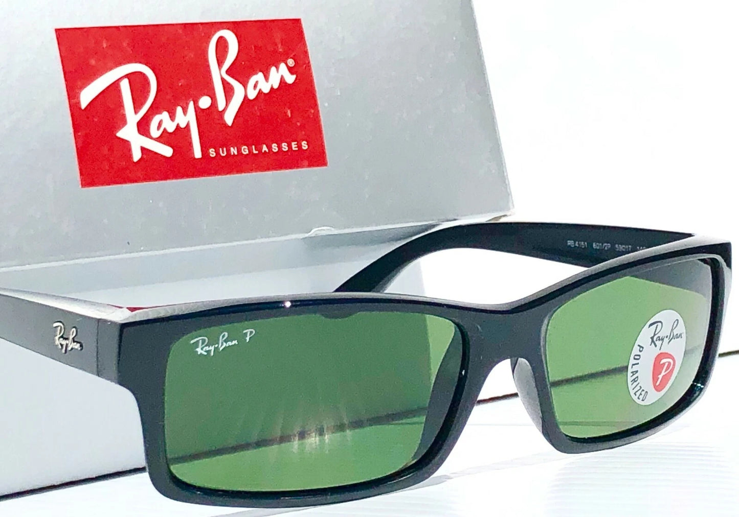 Ray Ban Shiny Black Rectangle POLARIZED Green Lens Sunglass RB4151 601