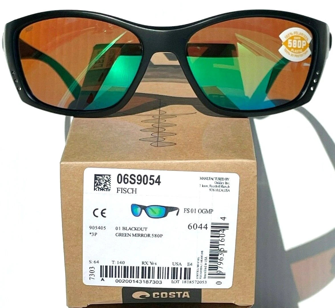 COSTA Del Mar FISCH Blackout POLARIZED Green Mirror 580P Lens Sunglass FS 01