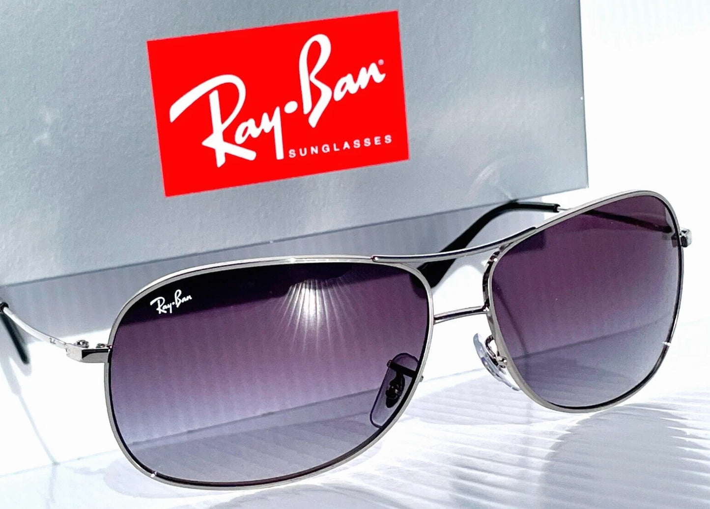 Ray Ban Shiny Silver Pilot GRADIENT Grey To Blue Lens Sunglass RB3267 003/8G