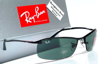 Ray Ban Polished Black Semi-Rimless Frames Dark Green Lens Sunglass RB 3183 006/71