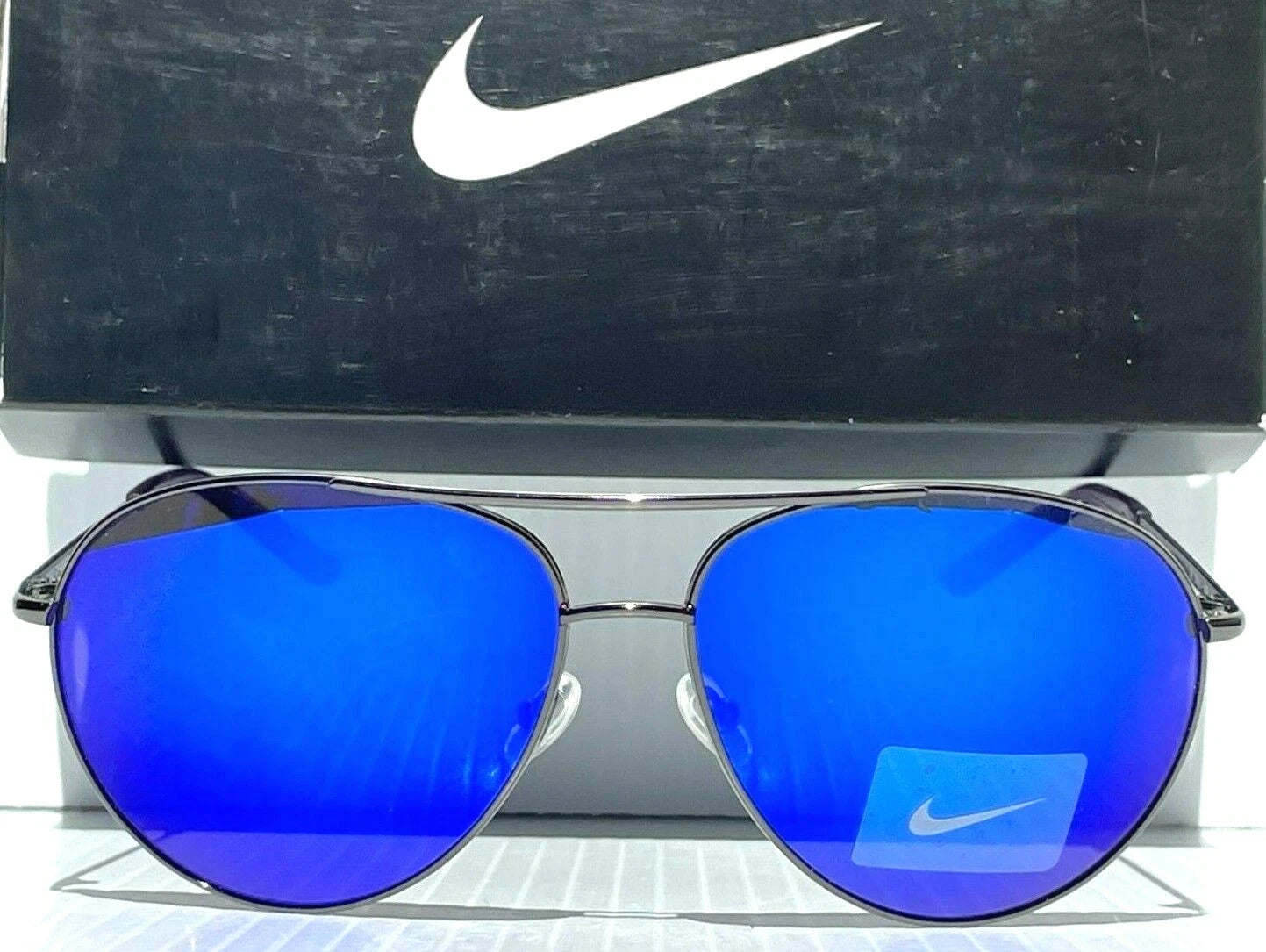 NIKE Chance Gunmetal Chrome Aviator Frame Blue Mirrored Lens Sunglass EV1218 055