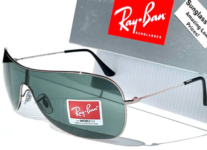 Ray Ban HIGHSTREET Chrome Metal Shield Frame Green Lens Sunglass RB 3211 004/71