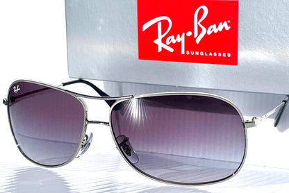 Ray Ban Shiny Silver Pilot GRADIENT Grey To Blue Lens Sunglass RB3267 003/8G