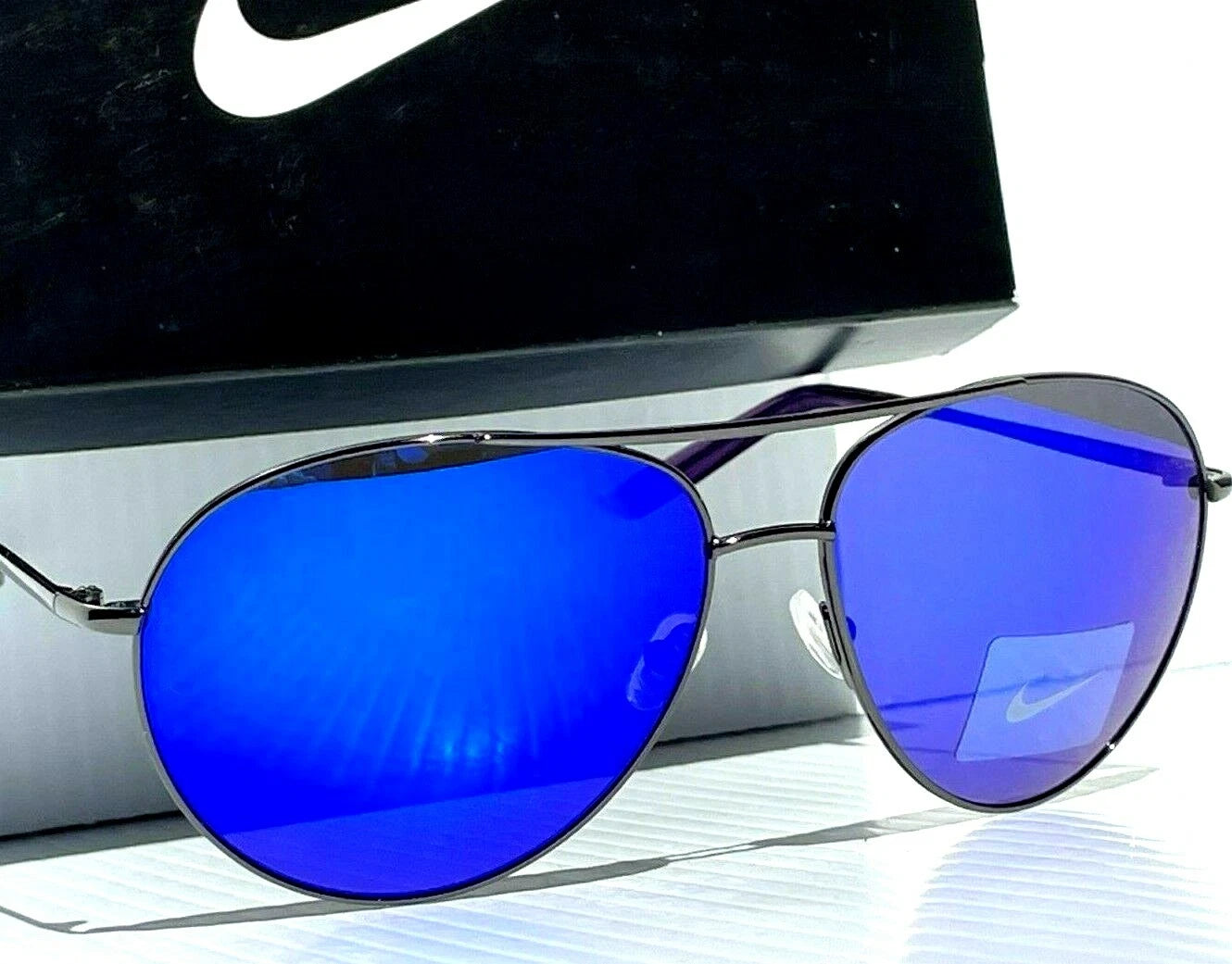 NIKE Chance Gunmetal Chrome Aviator Frame Blue Mirrored Lens Sunglass EV1218 055
