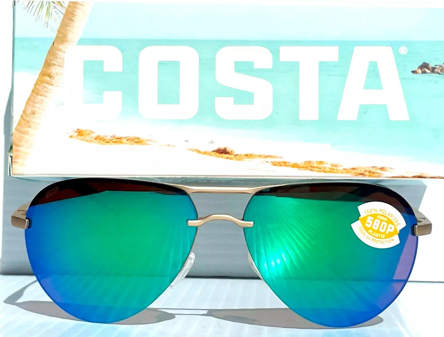 Costa Del Mar HELO Champaign Aviator POLARIZED Green Mirror 580P Sunglass HLO 243