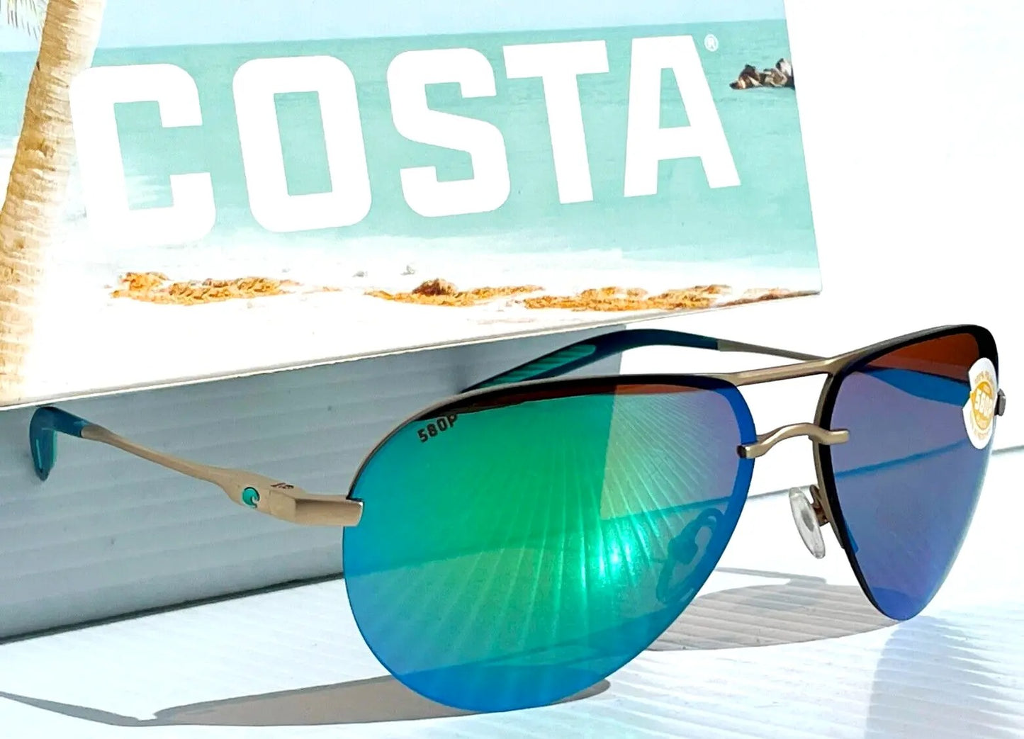 Costa Del Mar HELO Champaign Aviator POLARIZED Green Mirror 580P Sunglass HLO 243
