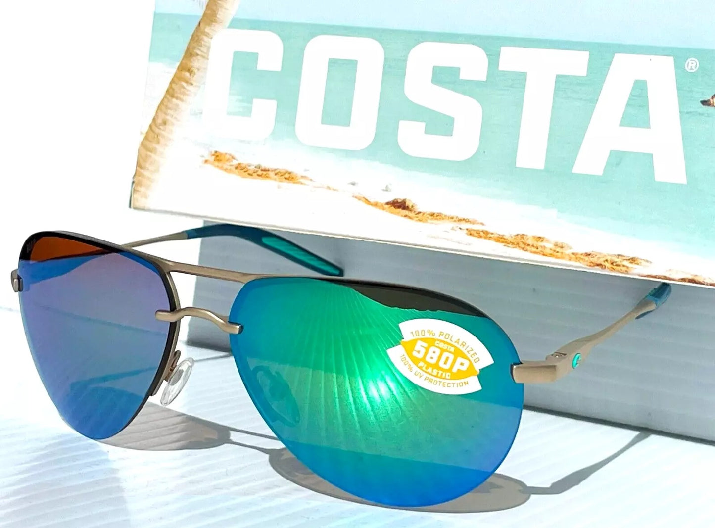 Costa Del Mar HELO Champaign Aviator POLARIZED Green Mirror 580P Sunglass HLO 243