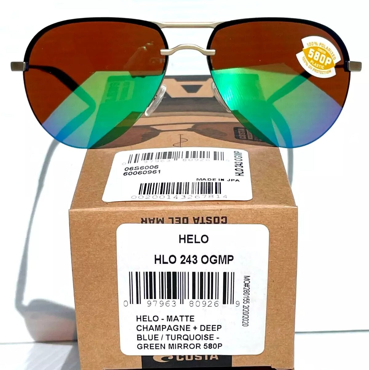 Costa Del Mar HELO Champaign Aviator POLARIZED Green Mirror 580P Sunglass HLO 243