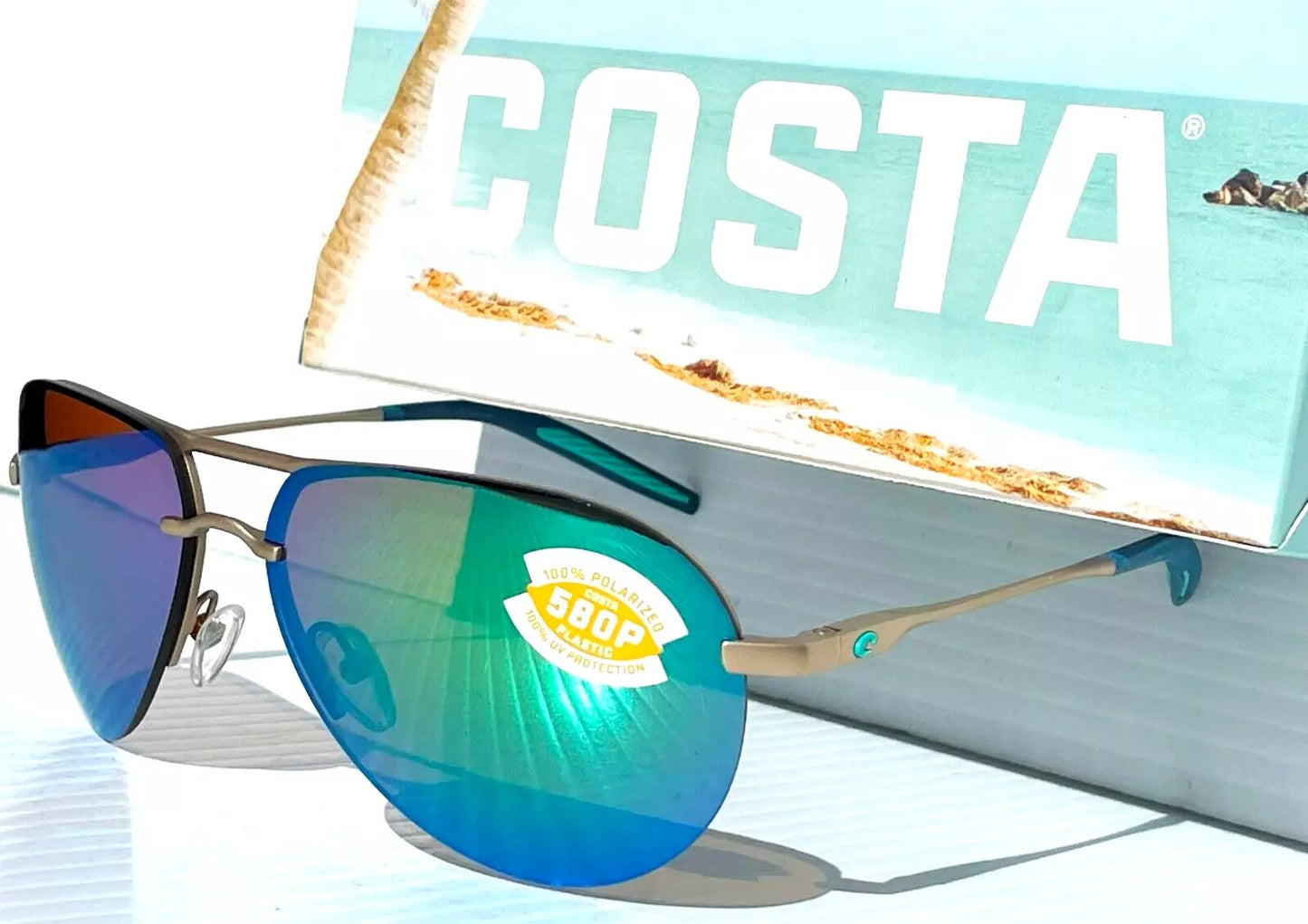Costa Del Mar HELO Champaign Aviator POLARIZED Green Mirror 580P Sunglass HLO 243