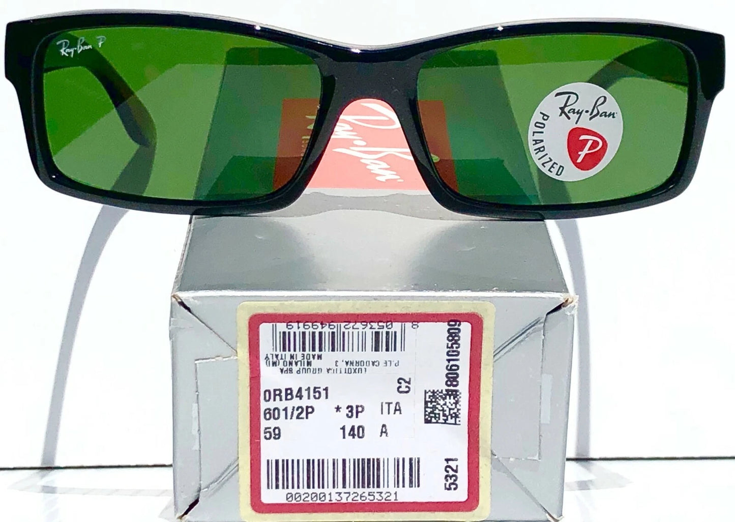 Ray Ban Shiny Black Rectangle POLARIZED Green Lens Sunglass RB4151 601