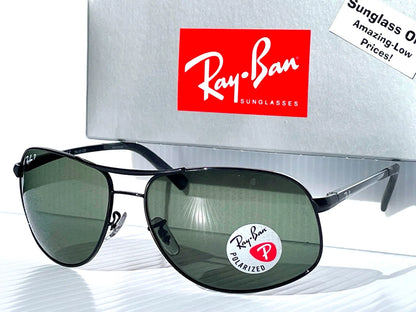 Ray Ban Shiny Black Metal POLARIZED Green Lens Sunglass RB3387 002/9A