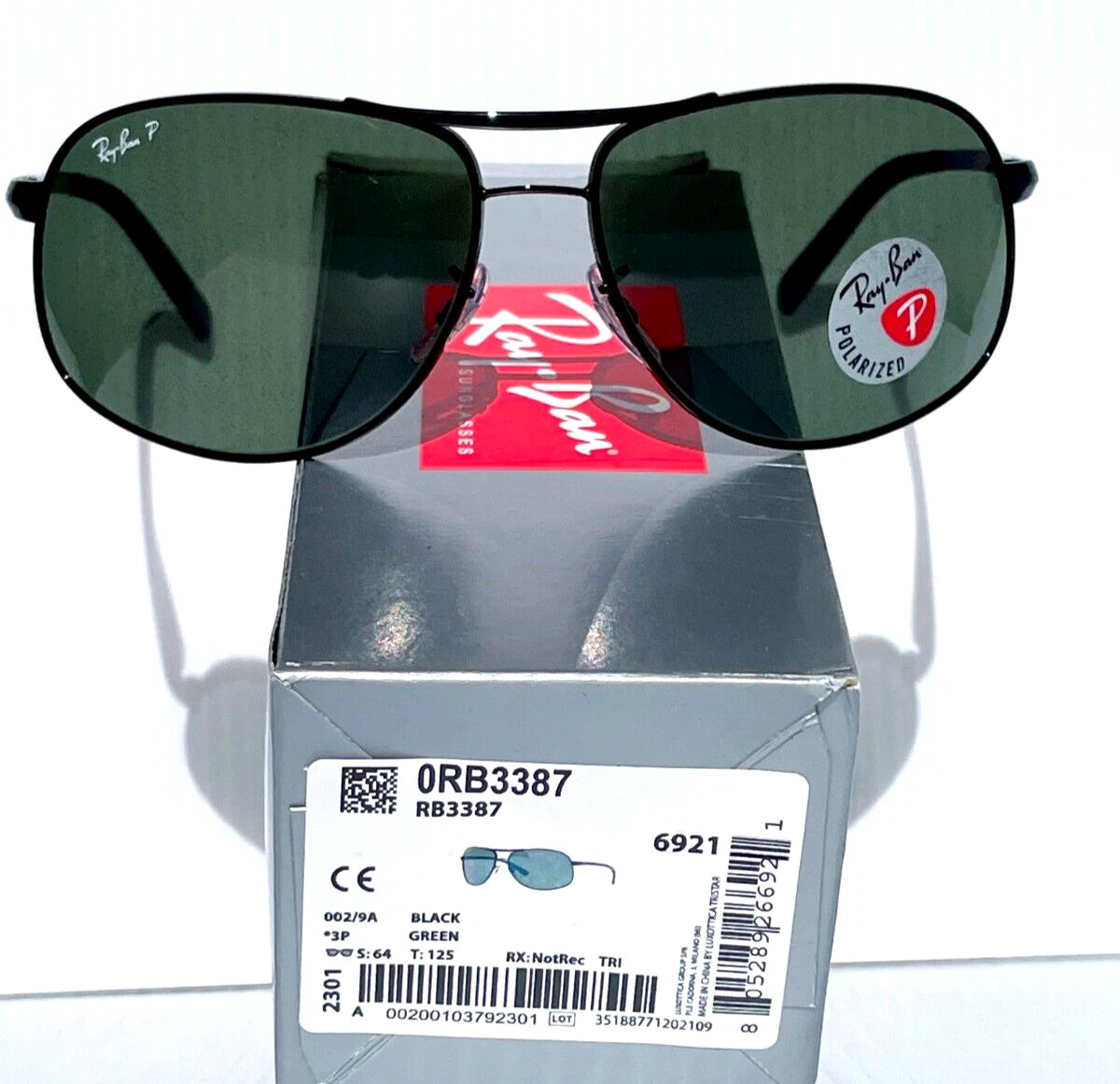 Ray Ban Shiny Black Metal POLARIZED Green Lens Sunglass RB3387 002/9A