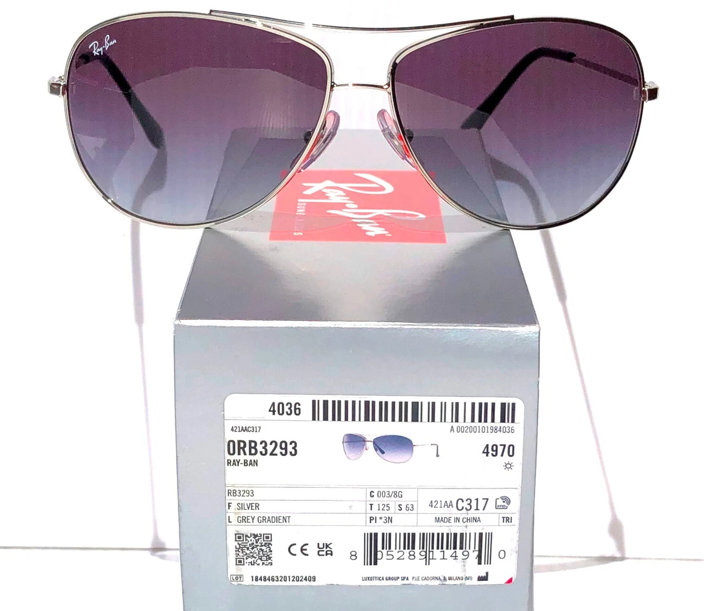 Ray Ban AVIATOR Silver Frame Grey Gradient Lens Sunglass RB3293 003/8G