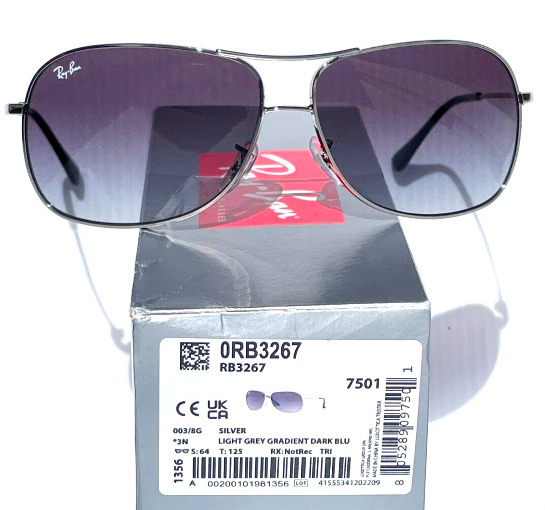 Ray Ban Shiny Silver Pilot GRADIENT Grey To Blue Lens Sunglass RB3267 003/8G