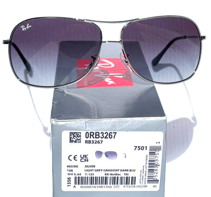 Ray Ban Shiny Silver Pilot GRADIENT Grey To Blue Lens Sunglass RB3267 003/8G