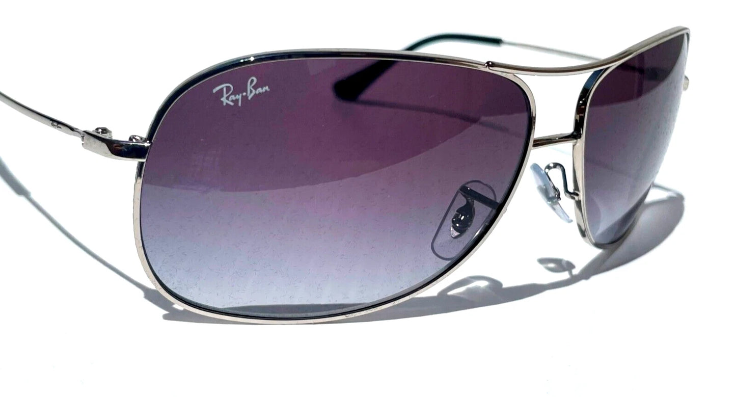 Ray Ban Shiny Silver Pilot GRADIENT Grey To Blue Lens Sunglass RB3267 003/8G