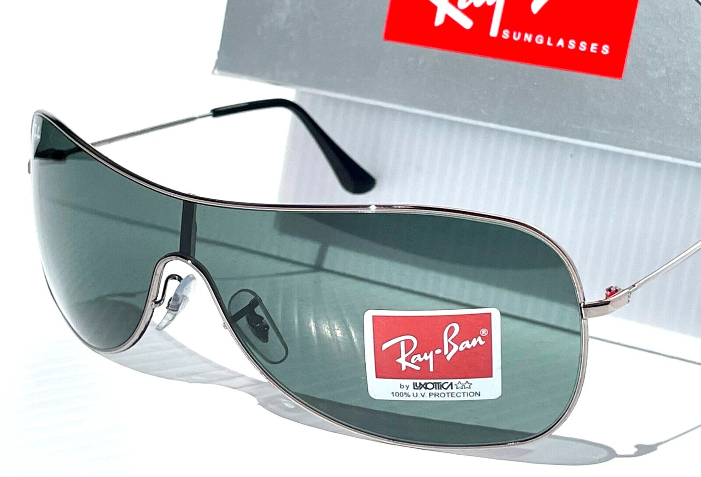 Ray Ban HIGHSTREET Chrome Metal Shield Frame Green Lens Sunglass RB 3211 004/71