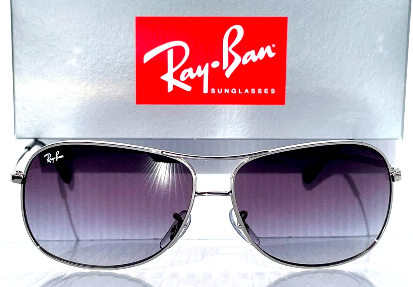 Ray Ban Shiny Silver Pilot GRADIENT Grey To Blue Lens Sunglass RB3267 003/8G
