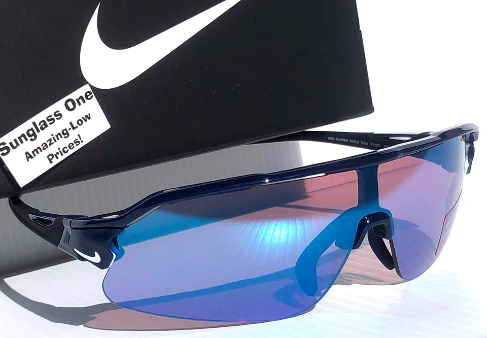 NIKE FLYFREE SHIELD TEAM Midnight Navy Frame Blue Mirror Road Lens Sunglass IF1007X 410