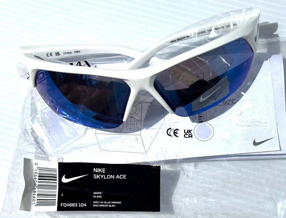 Nike SKYLON ACE Shiny White Frame UV PROTECTIVE Blue Mirror Lens Sunglass FQ4683 104