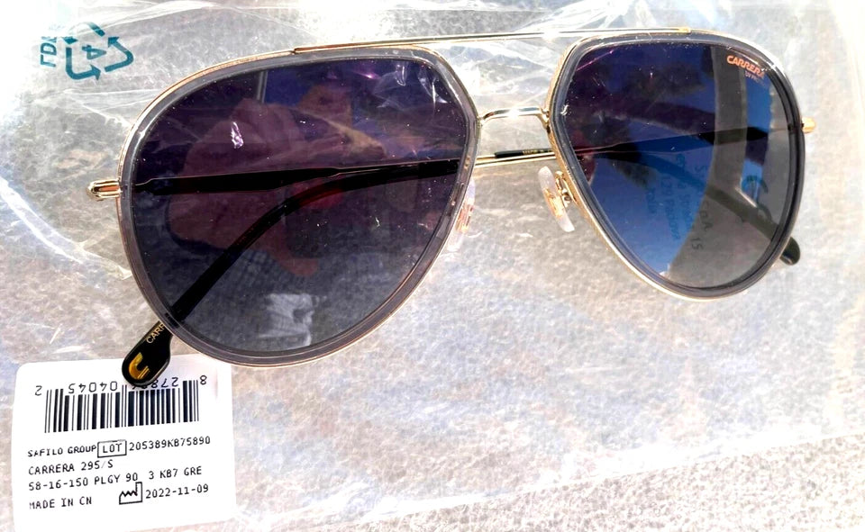 CARRERA Shiny Gold & Grey Pilot Frame Black Lens Sunglass 295/S KB790