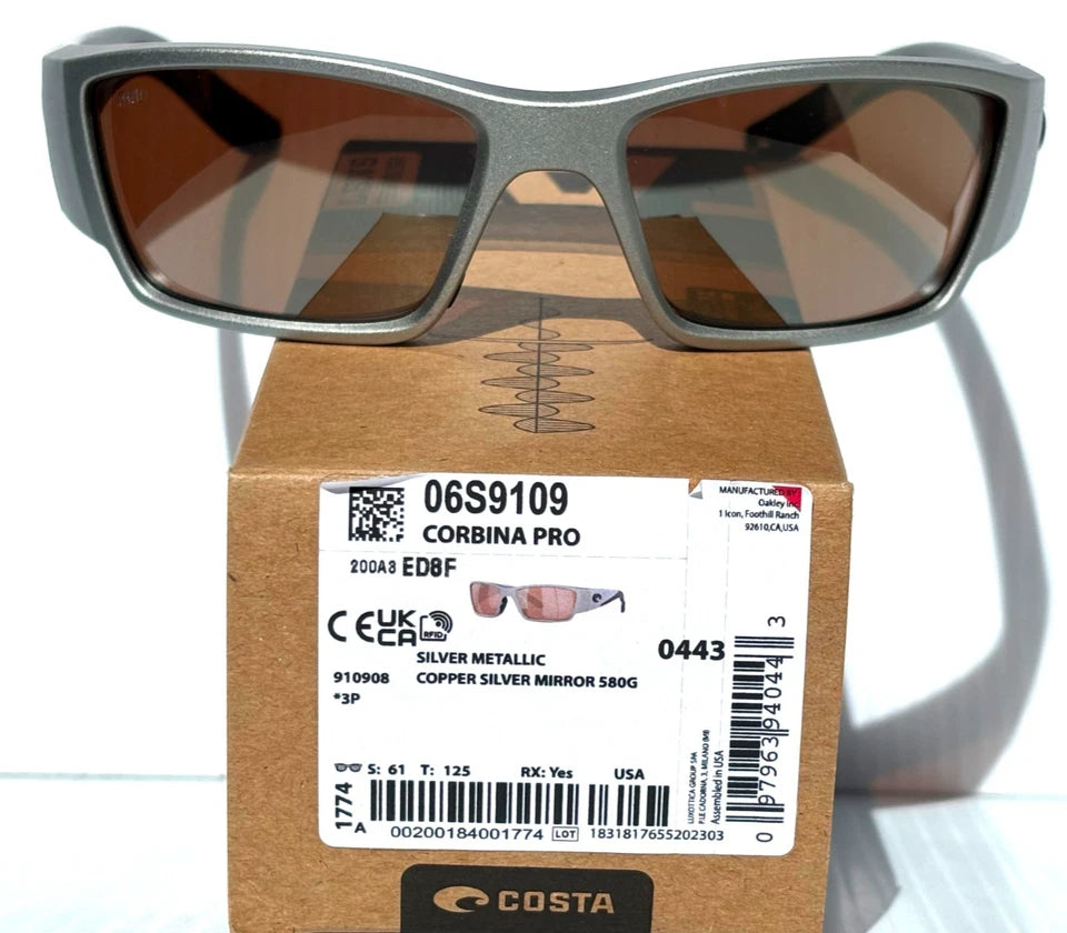Costa Del Mar CORBINA PRO Silver Metallic POLARIZED Copper 580G GLASS Lens Sunglass 9109-08