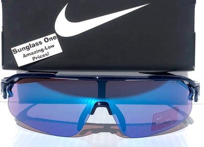 NIKE FLYFREE SHIELD TEAM Midnight Navy Frame Blue Mirror Road Lens Sunglass IF1007X 410